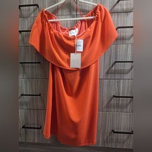 Coral off the shoulder above the knee cocktail dress